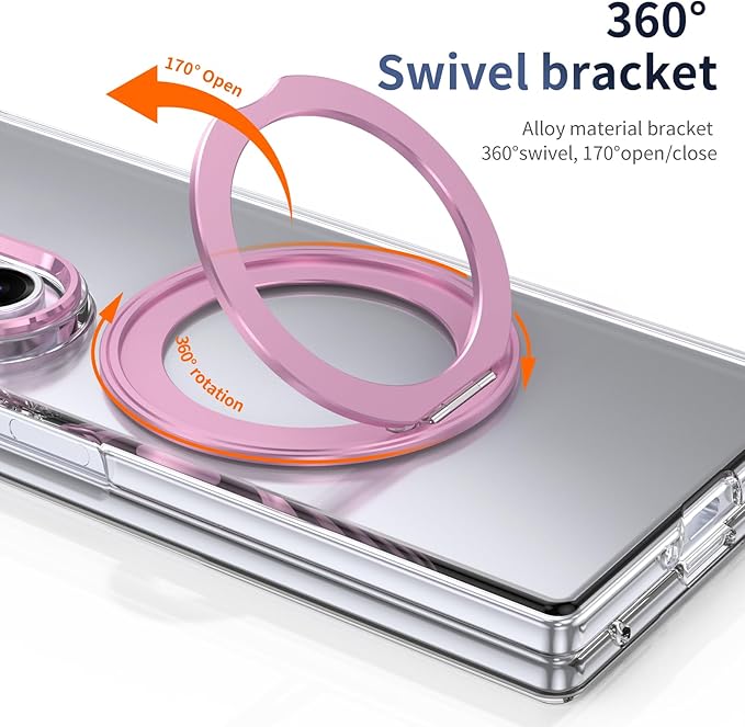 for Samsung Galaxy Z Fold 7 Case with Magnetic Ring Holder, 360 Rotating Bracket, Built-in Front Screen Len Protector, Anti-Yellowing & Anti-Fingerprint Crystal Clear Case.(Pink)