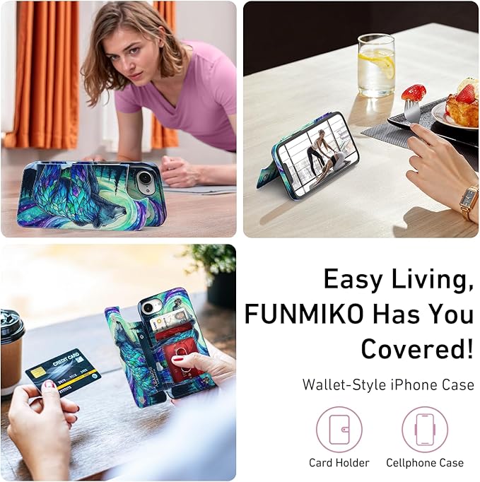 FUNMIKO for iPhone 16e Wallet Case with Card Holder, RFID-Blocking, Military-Grade Protection & UV-Printed Artwork, Magnetic Closure with Leather Kickstand - Prismatic Aurora Bear