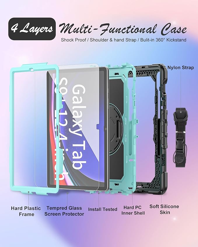 Case for Samsung Galaxy Tab S10 Plus/ S9 FE Plus/ S9 Plus 5G Tablet 12.4'', Shockproof Protective Cover with [Tempered Glass Screen Protector], Stand, Shoulder Strap & S Pen Holder (SkyBlue)