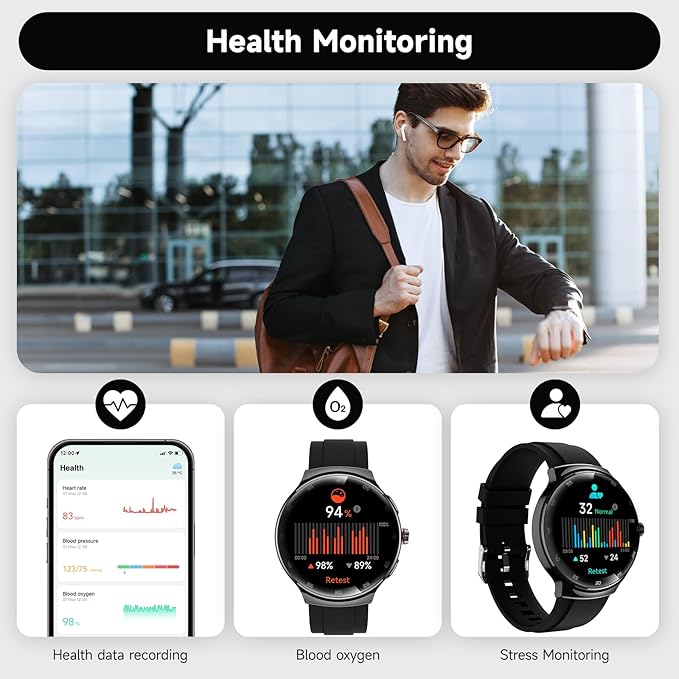 Smart Watches for Men Women, 1.43" AMOLED Fitness Tracker, Make/Answer Calls Digital Waterproof Smartwatch, 150+ Sports Mode, Heart Rate/SpO2/Sleep Monitor, Android & iOS Compatible, 2 Bands
