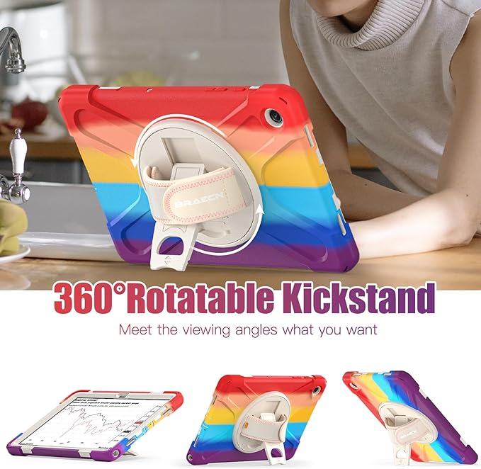 BRAECNstock Kids Case for Samsung Galaxy Tab A9+ Plus 11 inch (SM-X210/X216/X218) Shockproof Protective Case with Screen Protector Pen Holder [Rotating Hand Strap+Stand], Colorful Red