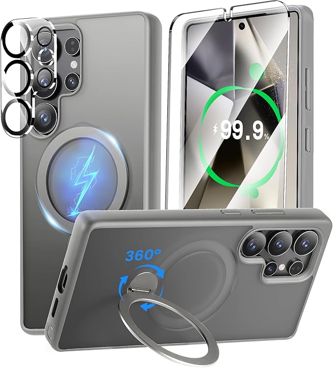360° Rotatable Stand for Samsung Galaxy S25 Ultra Case Magnetic with Screen Protector X1 & Camera Lens Protector*1, Compatible with MagSafe, 16FT Mil-Grade Shockproof for S25 Ultra Case 6.9",Gray