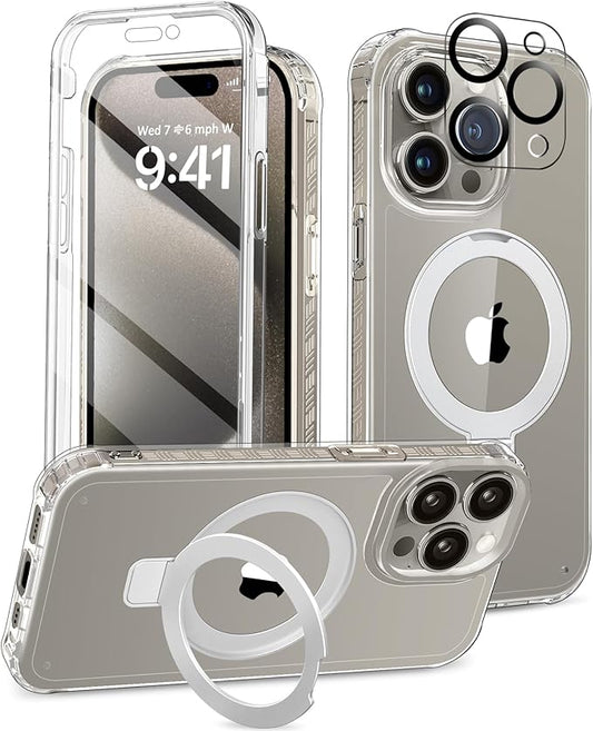 Compatible with iPhone 15 Pro Max Case, Built-in Screen Protector & Seamless Stand, with Camera Lens Protector, Strong Magnetic Clear Phone Case, Full Body Protective Cover for 6.7" (Clear)