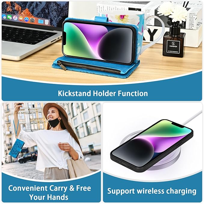 Asuwish Phone Case for iPhone 14 6.1 inch Zipper Wallet Detachable Cell Cover with Tempered Glass Screen Protector Crossbody Strap Flower Card Holder iPhone14 5G i i-Phone i14 14Case Women Girls Blue
