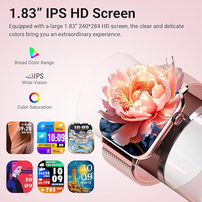 Smart Watches for Women, 1.83" HD Fitness Tracker (Answer/Make Calls), 120+ Sport Modes with Heart Rate/Sleep Monitor, IP68 Waterproof, Fitness Watch for iOS Android, Pink