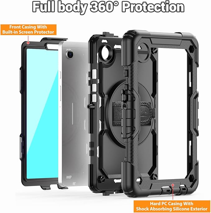 SEYMAC for Samsung Galaxy Tab A9 Case 8.7 Inch 2023 (SM-X110/X115/X117), Heavy Duty Shockproof Protective Case with Screen Protector, Rotating Stand, Hand/Shoulder Strap and Pen Holder, Black
