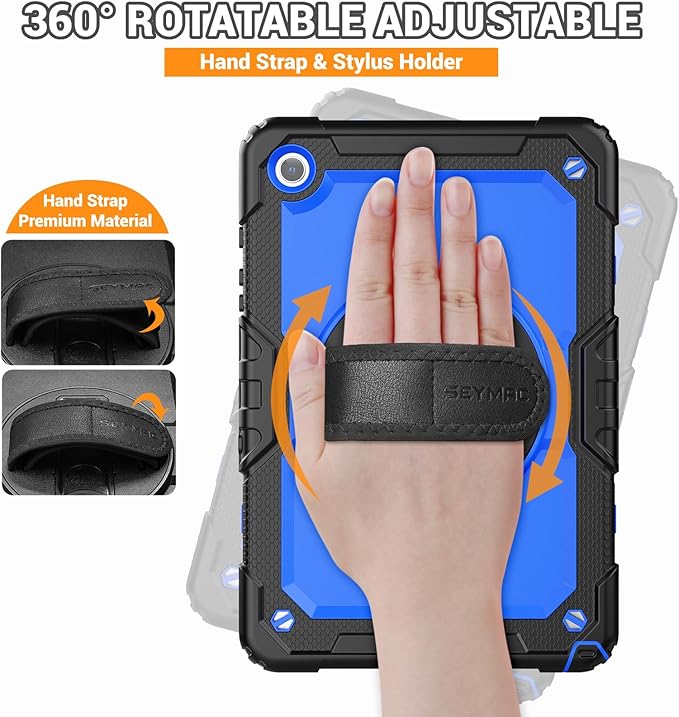 SEYMAC Case for Samsung Galaxy Tab A9+/ A9 Plus 11" (SM-X210/X216/X218), Heavy Duty Shockproof Protective Case with Screen Protector, Rotating Stand, Hand/Shoulder Strap and Pen Holder, Blue