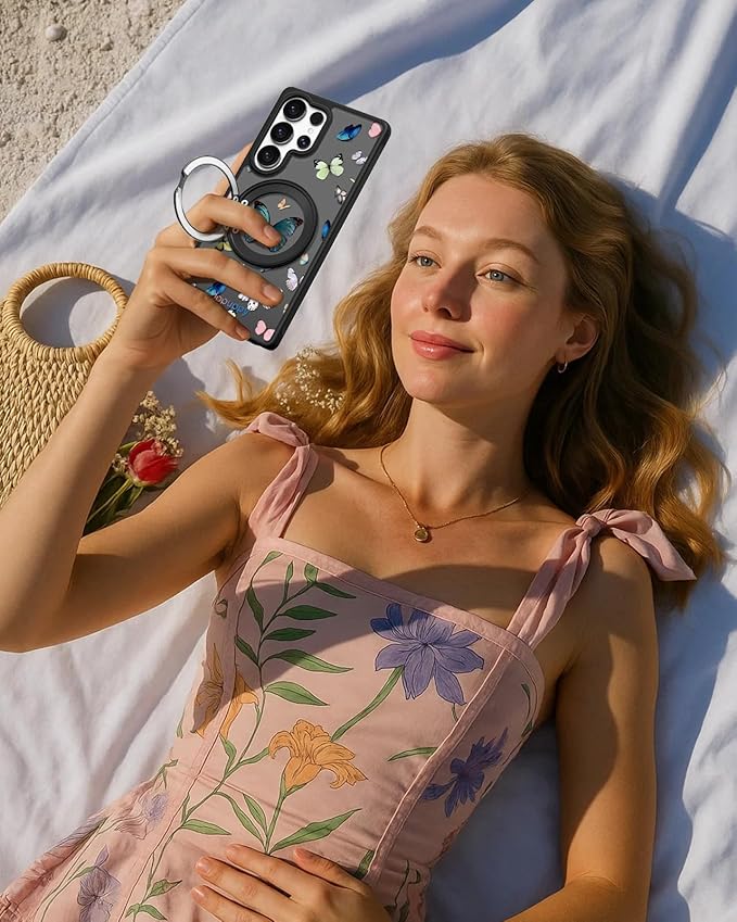 for Samsung Galaxy S25 Ultra Case with 360° Rotatable Magnetic Ring - Compatible with MagSafe, Semi-Transparent Soft-Touch Material Shockproof, Cute Butterfly Design for Women Girl