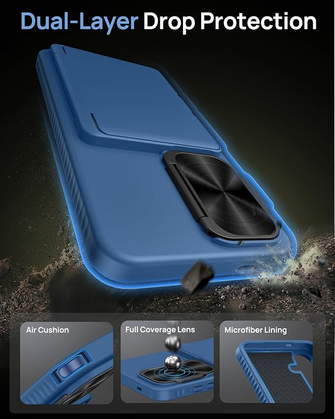 for Samsung Galaxy S25 Case with Card Holder, Built-in Stand & Camera Lens Cover, Shockproof Rugged Silicone Raised Edge Protective Wallet Protective Phone Case for Samsung S25 5G 2025, Blue