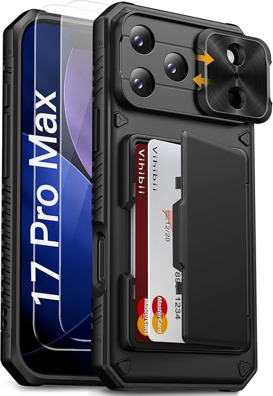 Vihibii for iPhone 17 Pro Max Case with [2X Screen Protector], Built-in Card Holder (4 Cards), [RFID Blocking] & Slide Camera Cover & Tempered Glass Films, Rugged Wallet Case for 17 Pro Max, Black