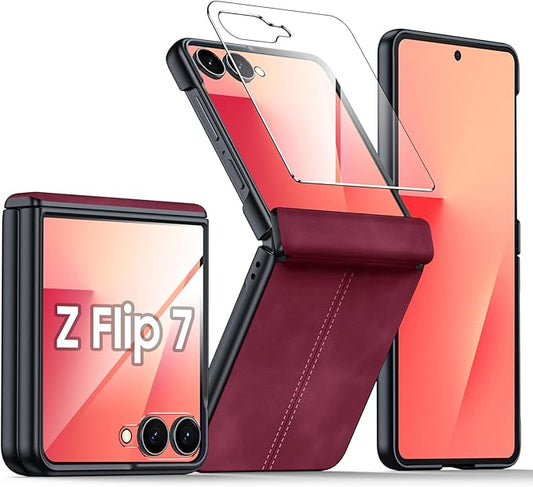 for Samsung Galaxy Z Flip 7 Case with Hinge Protection & Built-in Screen Protector, Ultra Thin Stylish Leather Matte PC Durable Shockproof Cover Phone Case for Galaxy Z Flip 7-Red