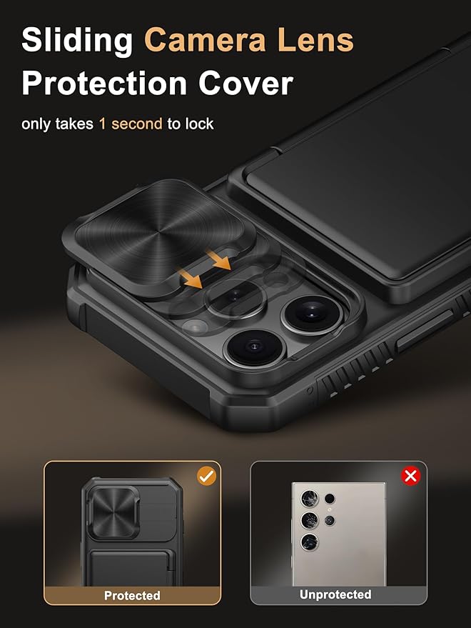 Vihibii for iPhone 16 Pro Case with Crossbody Lanyard Strap, Built-in Card Holder (4 Cards) [RFID Blocking] & Slide Camera Cover, Military Grade Drop Protection, Hard Back & Soft Edge Case, Black