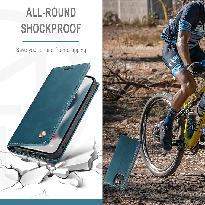 QLTYPRI Case for iPhone 14, Vintage PU Leather Wallet Case Card Slot Kickstand Magnetic Closure Shockproof Flip Folio Book Case Cover for iPhone 14(6.1 inch) - Blue