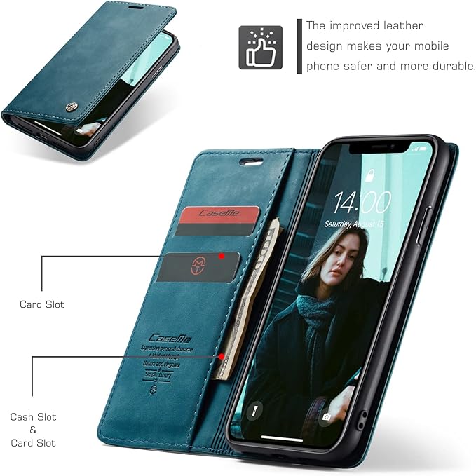 for iPhone XR 6.1-Inch Case, Flip Wallet Leather Case with Card Holder Magnetic Closure Shockproof Kickstand Protective Phone Cases Cover for iPhone XR, Blue-Green