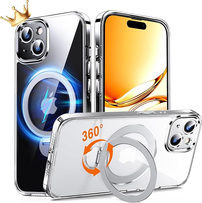 360° O-Ring MagStander for iPhone 15 Case with Magnetic Kickstand Ring Holder [Compatible with MagSafe][360°Rotate Stand Ring][Military Shockproof] iPhone 15 Phone Cover Clear