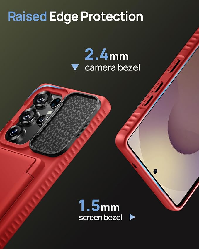 for Samsung Galaxy S25 Ultra Case, Built-in Card Holder & Stand & Lens Cover, Military Grade Drop Tested Soft Silicone Edge Rugged Protective Wallet Phone Case for S25 Ultra 6.9" 2025, Red