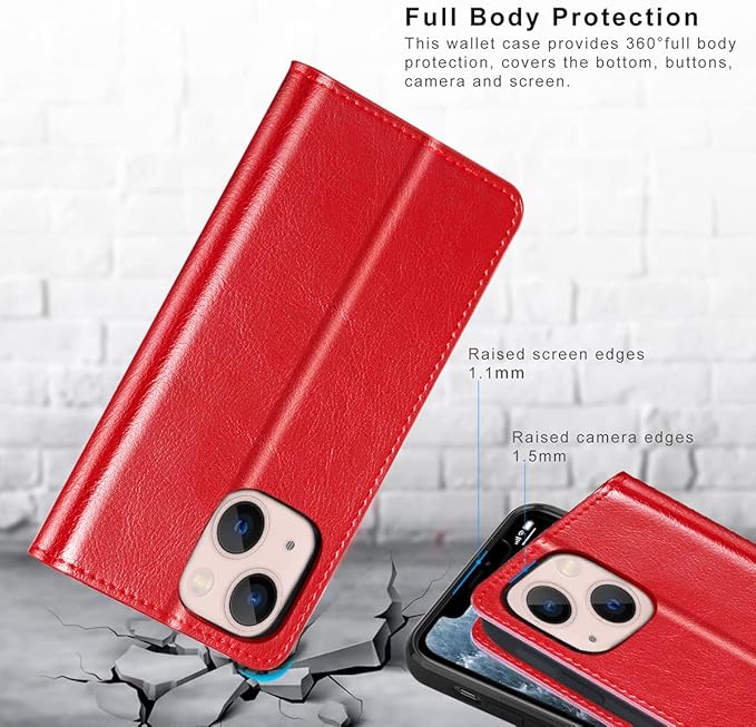 Belemay Compatible with iPhone 14 Plus Wallet Case-Genuine Leather Flip Phone Case-RFID Blocking Card Holders-Shockproof TPU Shell Folio Cover Women Men Compatible with iPhone 14 Plus (6.7-inch) Red