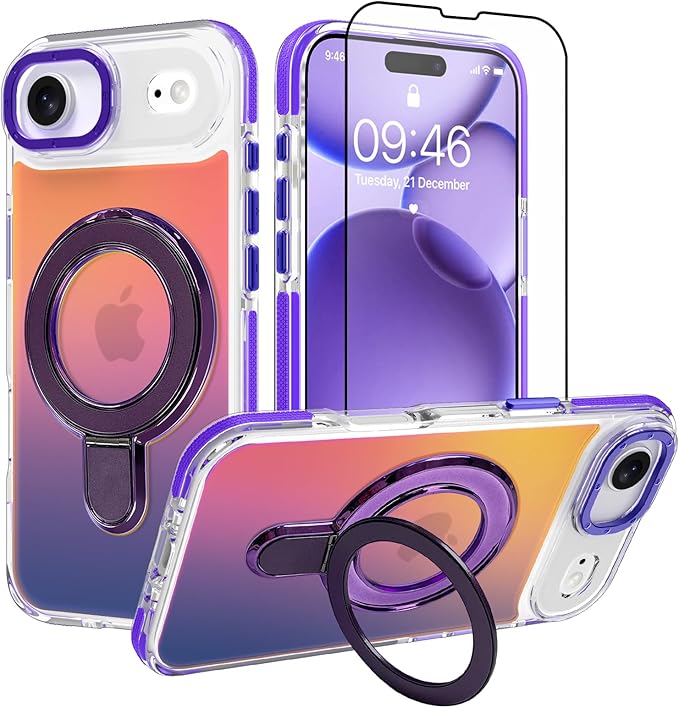 MOWIME Magnetic for iPhone Air Case with Stand [Compatible with Magsafe] [Cute Fashion Fluorescent Design] [1 Screen Protector] Slim Translucent Matte Case for iPhone Air 6.5" 2025, Purple
