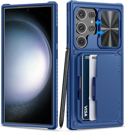 for Samsung Galaxy S23 Ultra Case with Card Holder (Store 4-5 Cards), Slide Lens Cover & Stand, Military Grade Protection, Heavy Duty Shockproof Wallet Phone Case for Galaxy S23 Ultra, Blue