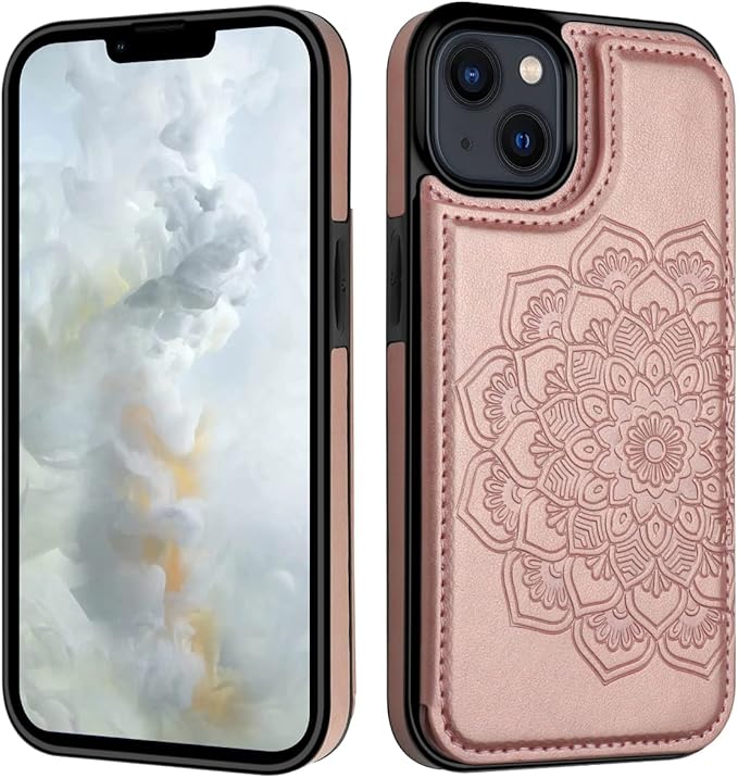 MMHUO for iPhone 14 Plus Case with Card Holder,Flower Magnetic Buttons Protective Wallet Case for Women for iPhone 14 Plus,Rose Gold