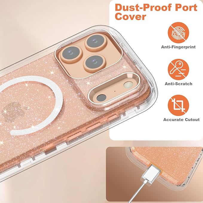 Designed for iPhone 17 Pro Case,[Compatible with Magsafe] [Non-Yellowing] [Without Screen Protector] Shockproof/Dust/Drop Proof 3-Layer Full Body Protection Rugged Heavy Duty Cover, Clear Glitter
