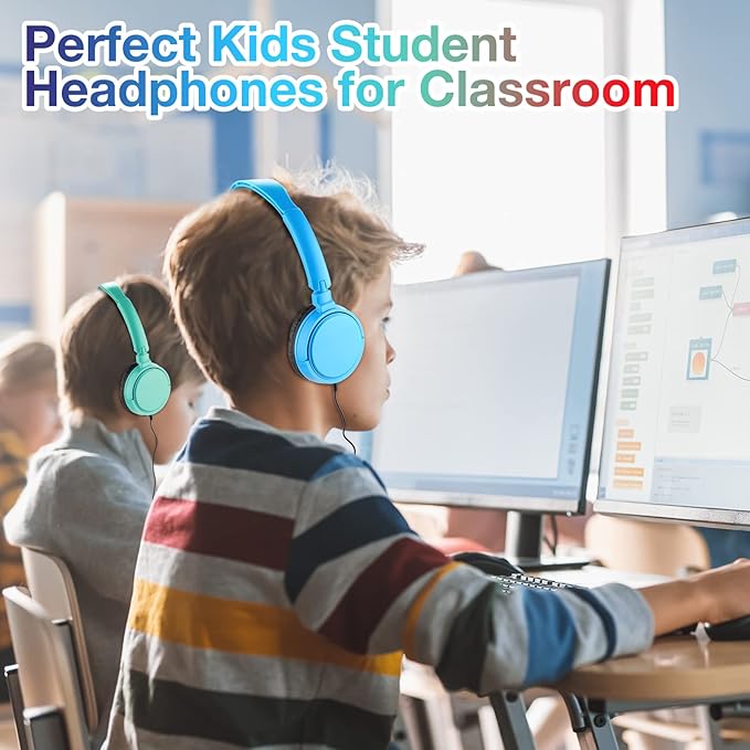 Yunsailing 18 Pack Classroom Headphones Bulk Student Wired Class Headphones Set for Kids School with Individually Wrapped Adjustable Over Ear Head Earbuds(Multicolor)