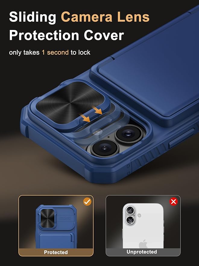 Vihibii for iPhone 16 Wallet Case with Card Holder (4 Cards) [RFID Blocking] & Slide Camera Cover & Raised Edges Protect Screen, Shockproof Rugged Phone Cover for iPhone 16 6.1" 2024, Blue