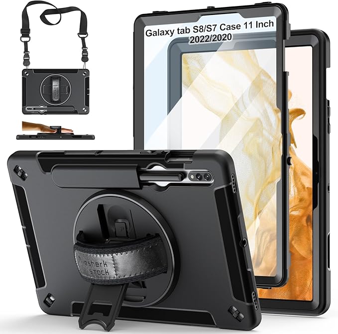 Case for Samsung Tab S8/S7 11 Inch 2022/2020: TPU Protective Cover for Galaxy Tablet S8/S7 11 Inch 2022/2020 with Stand - Handle - Shoulder Strap - S-Pen Holder -Black