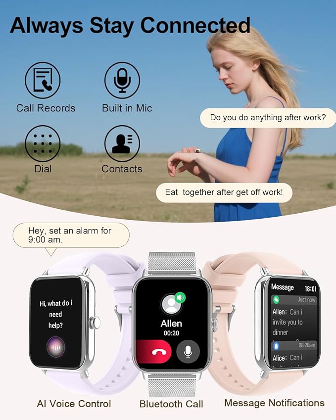 Smart Watch for Women with Bluetooth Call Answer/Dail,1.85" DIY Dial Fitness Watch with Heart Rate Sleep Monitor Step Counter 120+ Sports Modes Waterproof Women's Smart Watch for Android iOS (Silver)