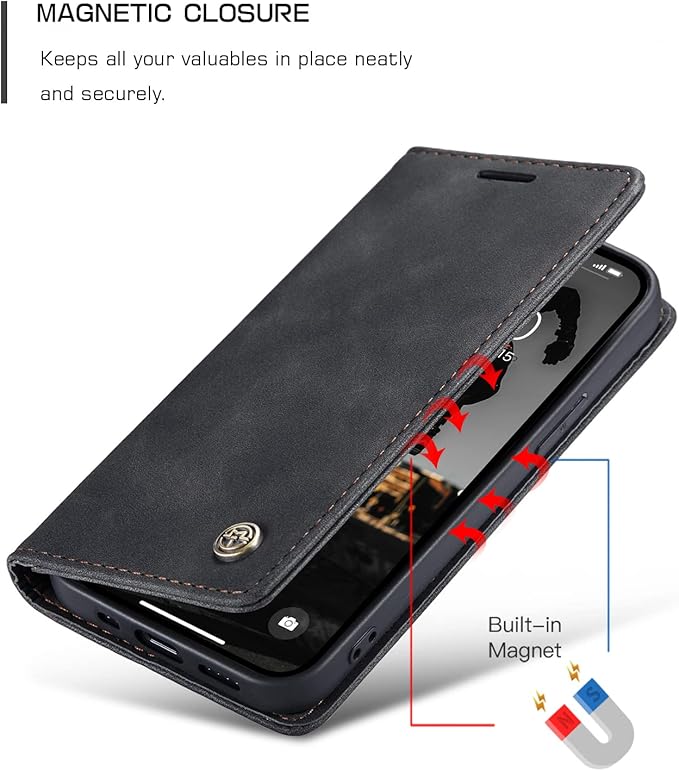 for iPhone 13 Pro Case, Flip Wallet Leather Case with Card Holder Magnetic Closure Shockproof Kickstand Protective Phone Cases Cover for iPhone 13 Pro, Black