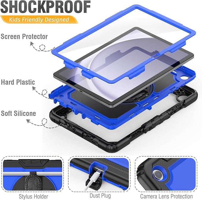HXCASEAC Case for Samsung Galaxy Tab A9+ Plus 11 Inch, Protective with Screen Protector/Hand Strap/Pen Holder, Sturdy Shockproof for Samsung A9 Plus Tablet Case SM-X210 SM-X216 SM-X218 - Blue