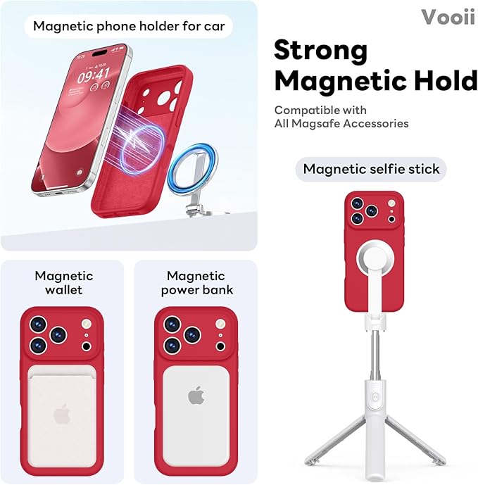 Vooii Magnetic Compatible with iPhone 17 Pro Case (Compatible with Magsafe) (Upgraded Camera Protection) Liquid Silicone Shockproof Full Body Protective Phone Cover for Women Men, Red, 6.3”