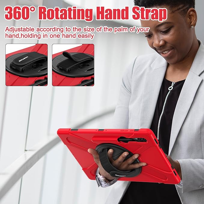 BRAECNstock Case for Samsung Galaxy Tab S10 Ultra/ S9 Ultra/ S8 Ultra 14.6" Shockporoof Protective Heavy Duty Kids Case with Pencil Holder [360 Rotating Strap]& Stand, Shoulder Strap, Red