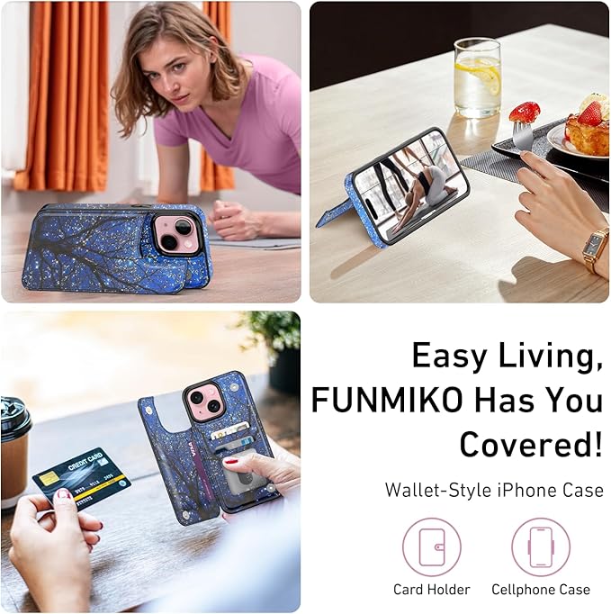 FUNMIKO for iPhone 13 Mini Wallet Case with Card Holder, RFID-Blocking, Military-Grade Protection & UV-Printed Artwork, Magnetic Closure with Leather Kickstand - Dreamy Wishing Tree