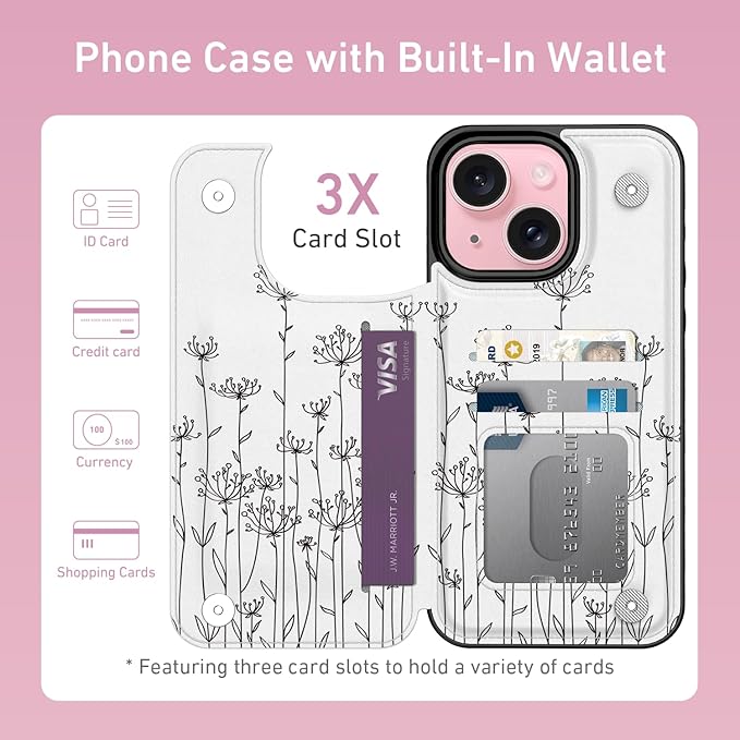 FUNMIKO for iPhone 13 Mini Wallet Case with Card Holder, RFID-Blocking, Military-Grade Protection & UV-Printed Artwork, Magnetic Closure with Leather Kickstand - Elegantly Sketched Flower