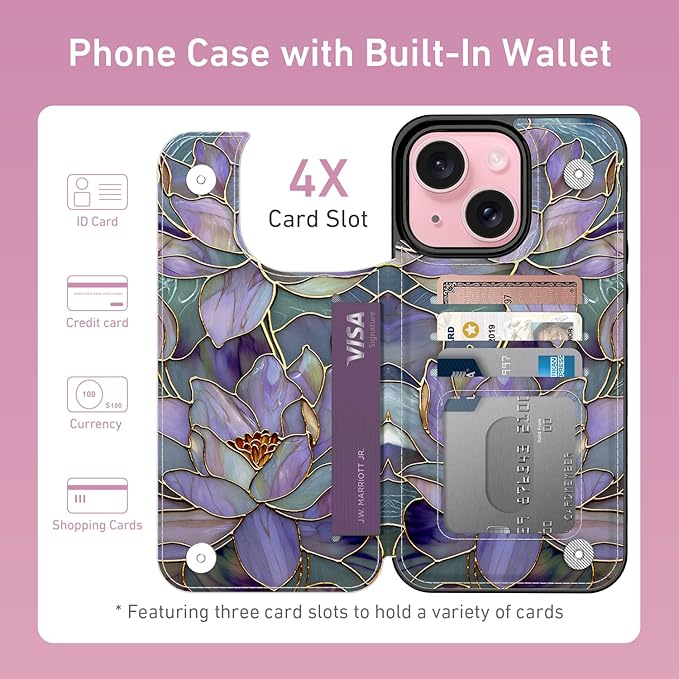 FUNMIKO for iPhone 15 Plus Wallet Case with Card Holder, RFID-Blocking, Military-Grade Protection & UV-Printed Artwork, Magnetic Closure with Leather Kickstand - Dreamy Lotus