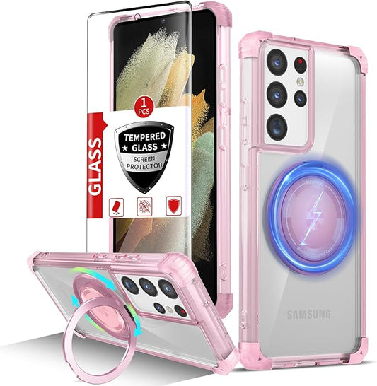 for Samsung Galaxy S21 Ultra Case Magnetic Compatible with MagSafe Wireless Charging,for S21 Ultra Case Built-in Kickstand Ring,with Screen Protector Military Grade Protection Shockproof Pink