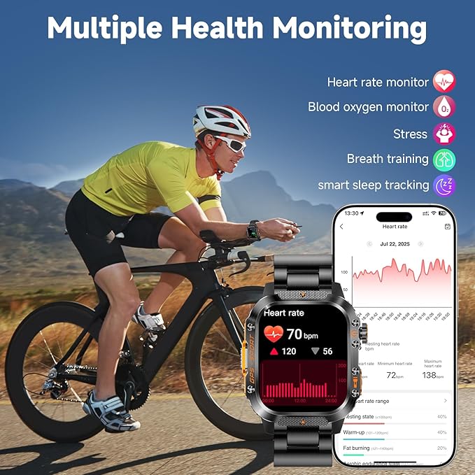 GPS Smart Watch for Men (Answer/Make Calls), 2.01'' Military Rugged Smartwatches for Android iPhone Fitness Tracker with Compass/10 Days Battery/Heart Rate/Sleep/100+ Sport Modes(2 Straps)