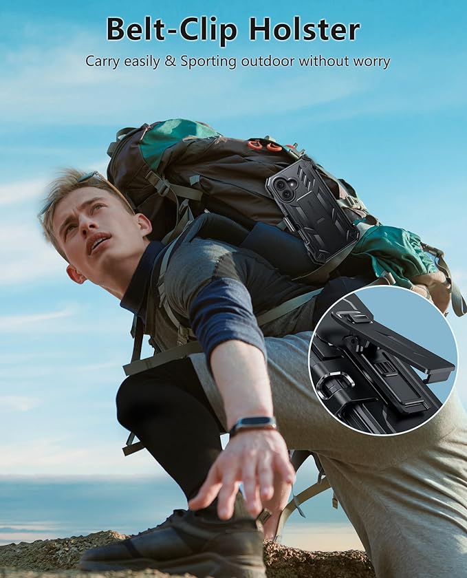 FNTCASE for iPhone 16 Phone Case: Rugged Protective Belt Clip Holster Heavy Duty with Built in Kickstand & Built-in Screen Protector | 360 Full Protection Shockproof Cover, 6.1inch (Black)