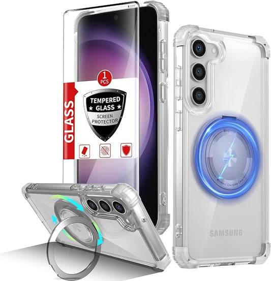 for Samsung Galaxy S23 Case Magnetic Compatible with MagSafe Wireless charging,with 360°Kickstand Ring,for S23 Phone Case with Screen Protector, Military Grade Drop Protection Shockproof Clear
