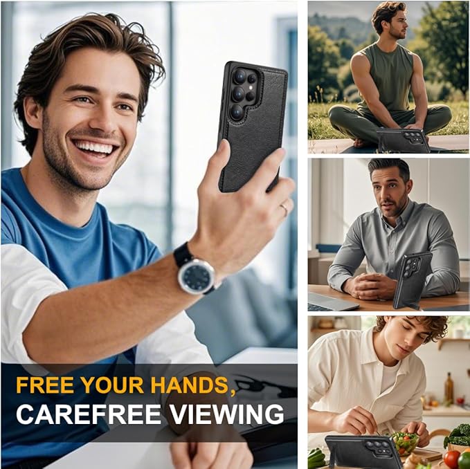 for Galaxy S25 Ultra Leather Case, Built-in Foldable Alloy Stand, with Camera Lens and Screen Protector, Slim Shockproof Kickstand Phone Cover 2025 (Black)