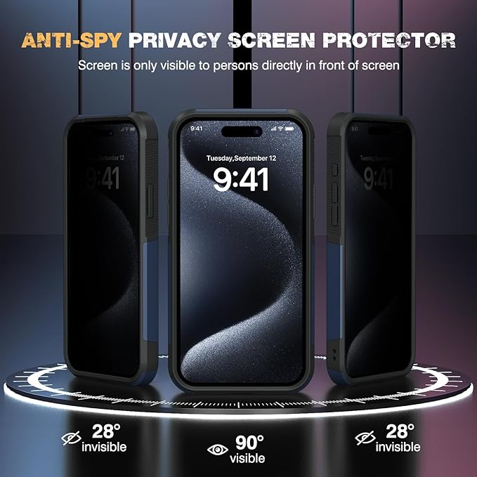 Diaclara Designed for iPhone 15 Pro Case, [with Privacy Screen Protector] [Anti Spy] [Military Grade Drop Protection] Heavy Duty Full-Body Shockproof Phone Case, Dark Blue