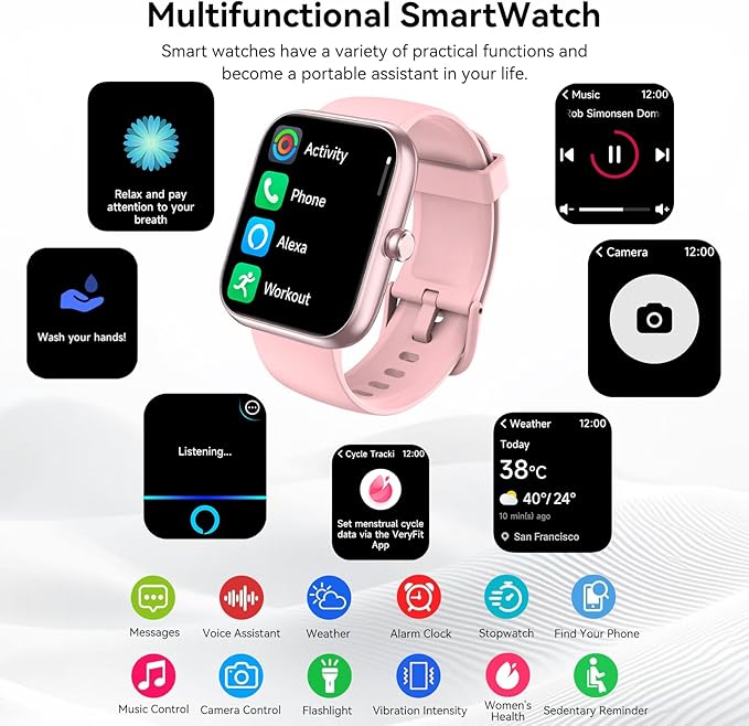 Smart Watch with Alexa Built-in, 1.83" HD Touchscreen, Bluetooth Calling Fitness Tracker, Health Monitor Heart Rate/Sleep Tracking, IP68 Waterproof, 120+ Sports Modes for Android iPhone (Pink)