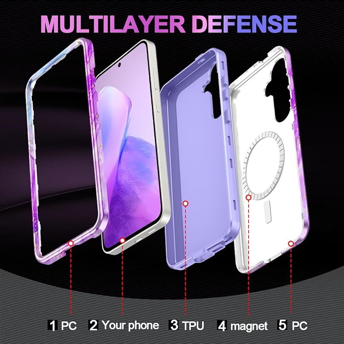 Casetego for Galaxy S24 FE Case,Compatible with MagSafe,[Military Grade Drop Test] Full Body Protection Slim Shockproof Rugged Marble Women Case for Samsung Galaxy S24 FE 6.7 inch,Bright Purple