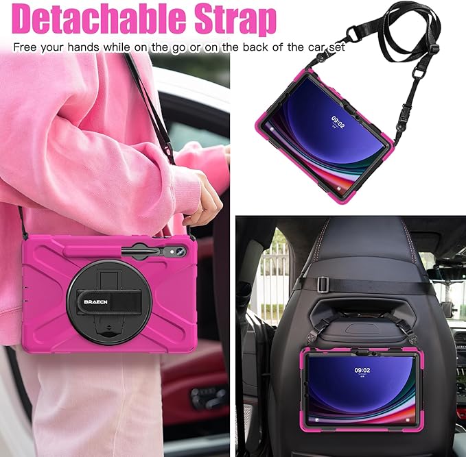 BRAECNstock for Samsung Galaxy Tab S10 Lite/ S10 FE/ S9 FE/ S9/ S8/ S7 5G Case 10.9"/11", Shockproof Protective Kids Case with Pencil Holder, Rotating Hand Strap & Stand, Shoulder Strap, Rose Red
