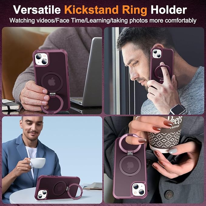 Magnetic Compatible with iPhone 14 Case with Stand [Military Grade Drop Tested][Compatible with Magnet] Ring Translucent Slim Hard Back Soft Edge, Wine Red