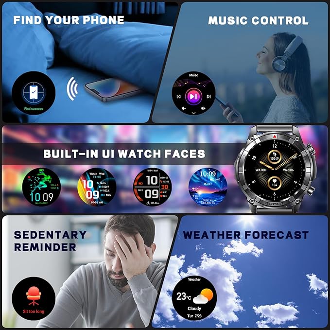 Smart Watches for Men with Bluetooth&Flashlight,1.52" IP68 Waterpro Men's Smart Watch,500mAh 100+ Sport Modes with Heart Rate/Sleep Monitor Fitness Trackers Compatible Android iOS(2 Straps)