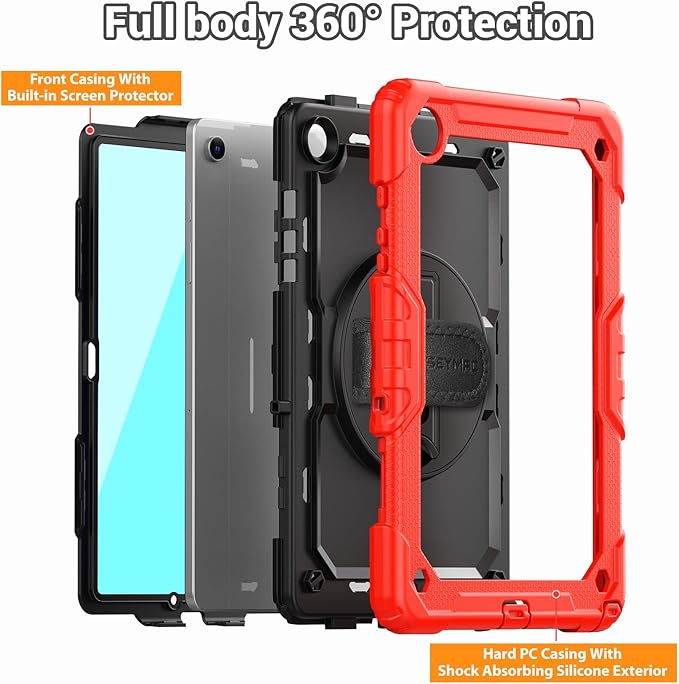 SEYMAC Case for Samsung Galaxy Tab A9+/ A9 Plus 11" (SM-X210/X216/X218), Heavy Duty Shockproof Protective Case with Screen Protector, Rotating Stand, Hand/Shoulder Strap and Pen Holder, Red