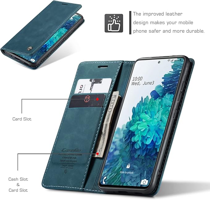 for Samsung Galaxy S20 FE Case, Flip Wallet Leather Case with Card Holder Magnetic Closure Shockproof Kickstand Protective Phone Cases Cover for Samsung S20 FE,Blue-Green
