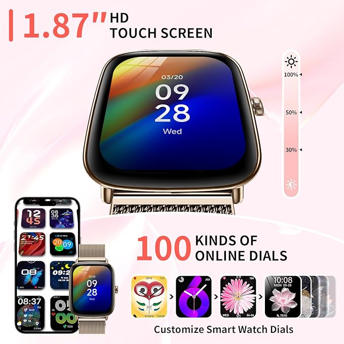 Smart Watch for Women(2 Bands), 1.85" HD Fitness Tracker Screen with Call Function, IP68 Waterproof, 100+ Sport Modes, Blood Oxygen Monitor/Heart Rate/Sleep Monitor, iOS Android Compatible (Gold)